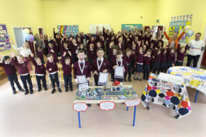 Robertson National School, Ballintra pupils ( l-r) Will Crawford, Alex Murphy and Georgia Green and Winners of the STEPS Young Engineer Awards get a big cheer from teachers and pupils.