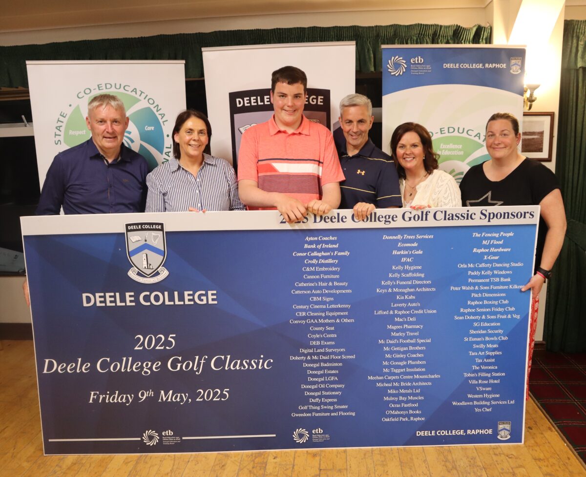 Deele College Golf Classic main organiser, Conor, Callaghan, with-his-team-of-helpers-Mr-Boyle-Ms-Mulligan-his-father-and-mother-Paul-and-Karen-Callaghan-and-Ms-Orla-Gallagher.